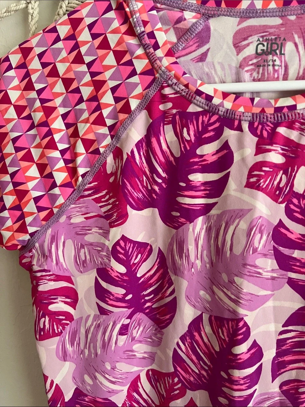 XL (14) | Athleta Girls' Pink & Magenta Leaf-Print Short Sleeve Swim Rash Guard